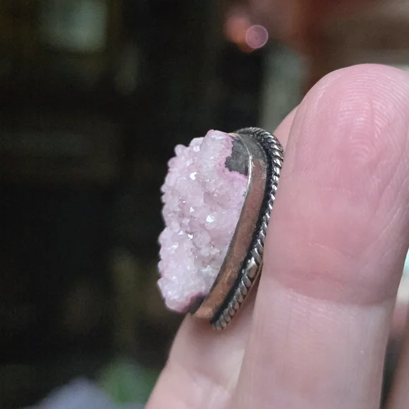 Vintage Style rose quartz Druzy sterling Ring sz8 - Picture 7 of 10